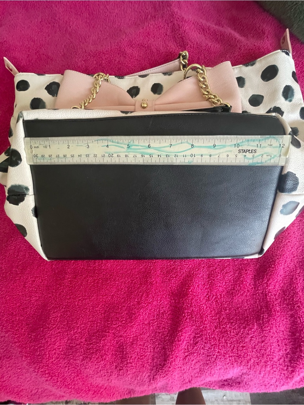 Betsey Johnson White & Black Polka Dot Tote with Pink Bow - Picture 7 of 9